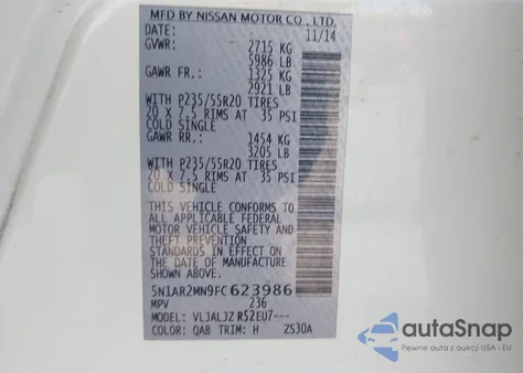 2015 Nissan Pathfinder Platinum из США, поврежденный, VIN 5N1AR2MN9FC623986